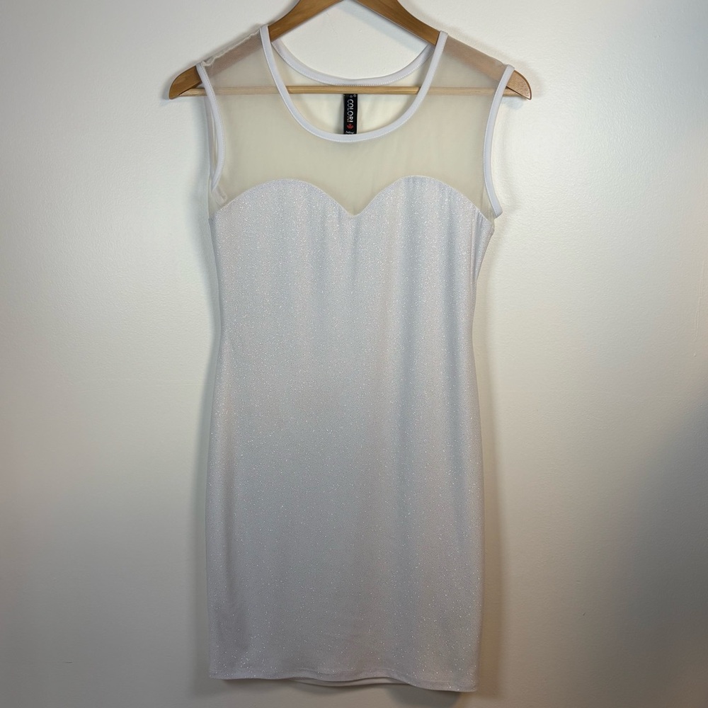 Colori Women’s White Sliver Shimmer Dress, Size Medium, Sweetheart Sheer Neck